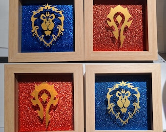 Alliance Lion Horde Sigil glitter small shadowbox 5x5 inches natural wood finish frame