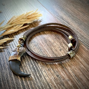 Bear Claw Replica Necklace: Boho Leather Pendant with Antique Brass Beads