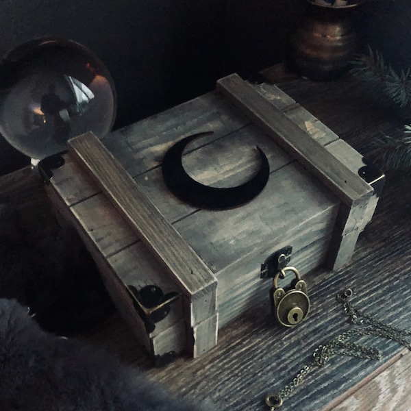 Wiccan Ashwood Altar Box - Crescent Moon Design - Reclaimed Wood Ritual Shadow Box - Handmade Shrine Chest with Lock & Key