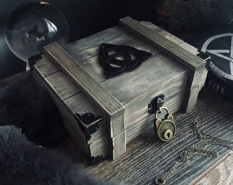 Wiccan Ashwood Altar Box - Triquetra Design - Reclaimed Wood Ritual Shadow Box - Handmade Shrine Chest with Lock & Key