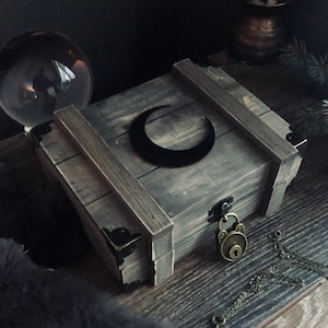 Wiccan Ashwood Altar Box Starter Kit - Crescent Moon Design - Reclaimed Wood - Shadow Box - Handmade Shrine Chest w/ Lock & Key