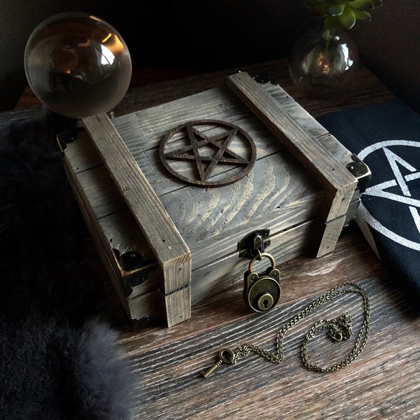 Wiccan Ashwood Altar Box Starter Kit - Pentacle Design - Reclaimed Wood Ritual Shadow Box - Handmade Shrine Chest with Lock & Key