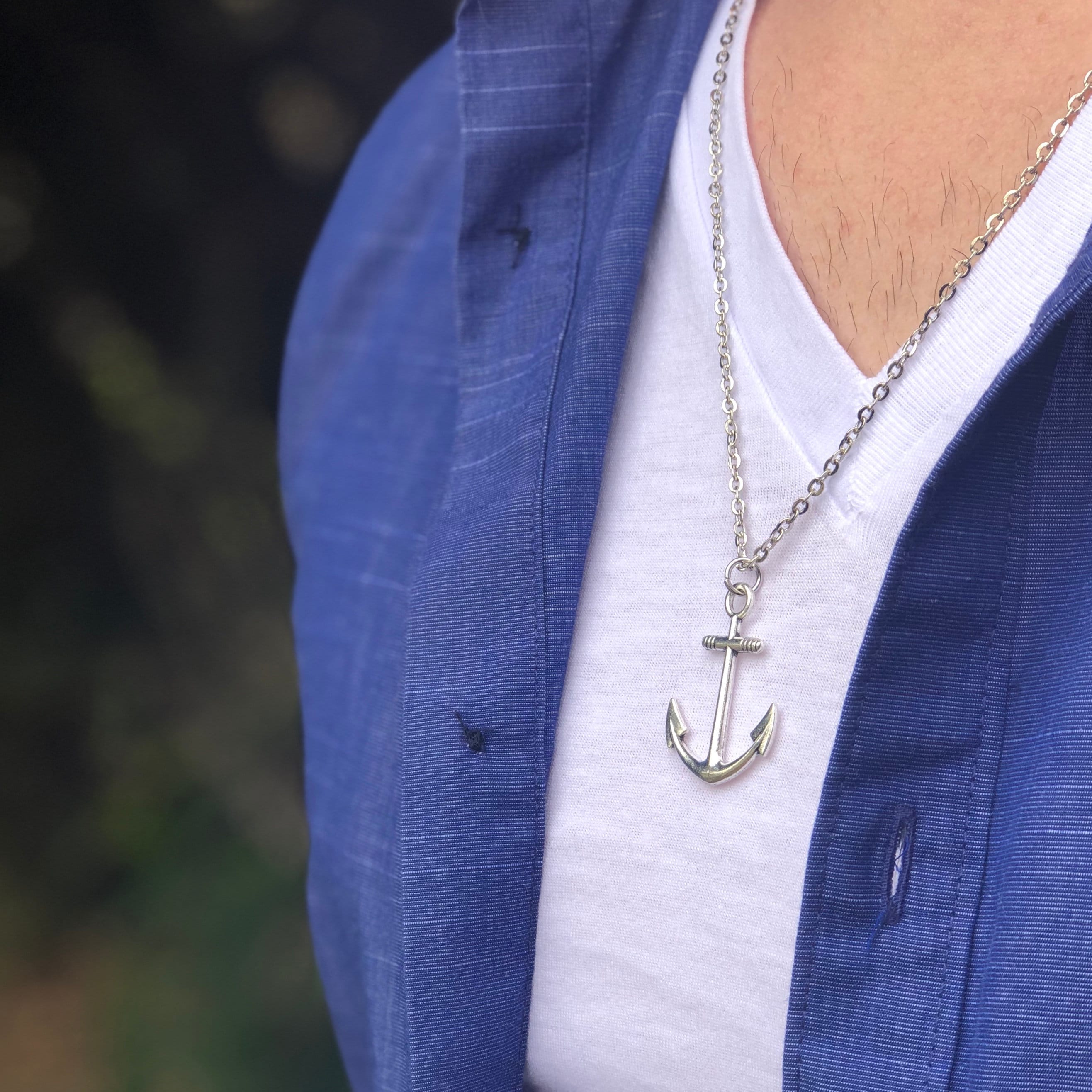 Tibetan Silver Anchor Pendant Necklace - Nautical Charm (30” Chain