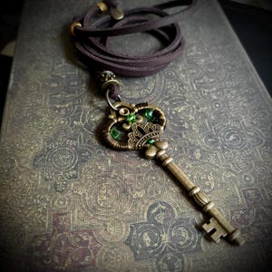 Key to the Grove - Swarovski Studded Antique Skeleton Key Necklace - Romantic Elven Vintage Fairytale Pendant - Handmade Treasures