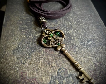 Key to the Grove - Swarovski Studded Antique Skeleton Key Necklace - Romantic Elven Vintage Fairytale Pendant - Handmade Treasures