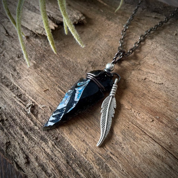 Obsidian Arrowhead Chain Necklace - Arrow Head Gypsy Boho Necklace - Obsidian Chain Pendant - Steampunk Arrowhead Necklace - Glass Arrowhead