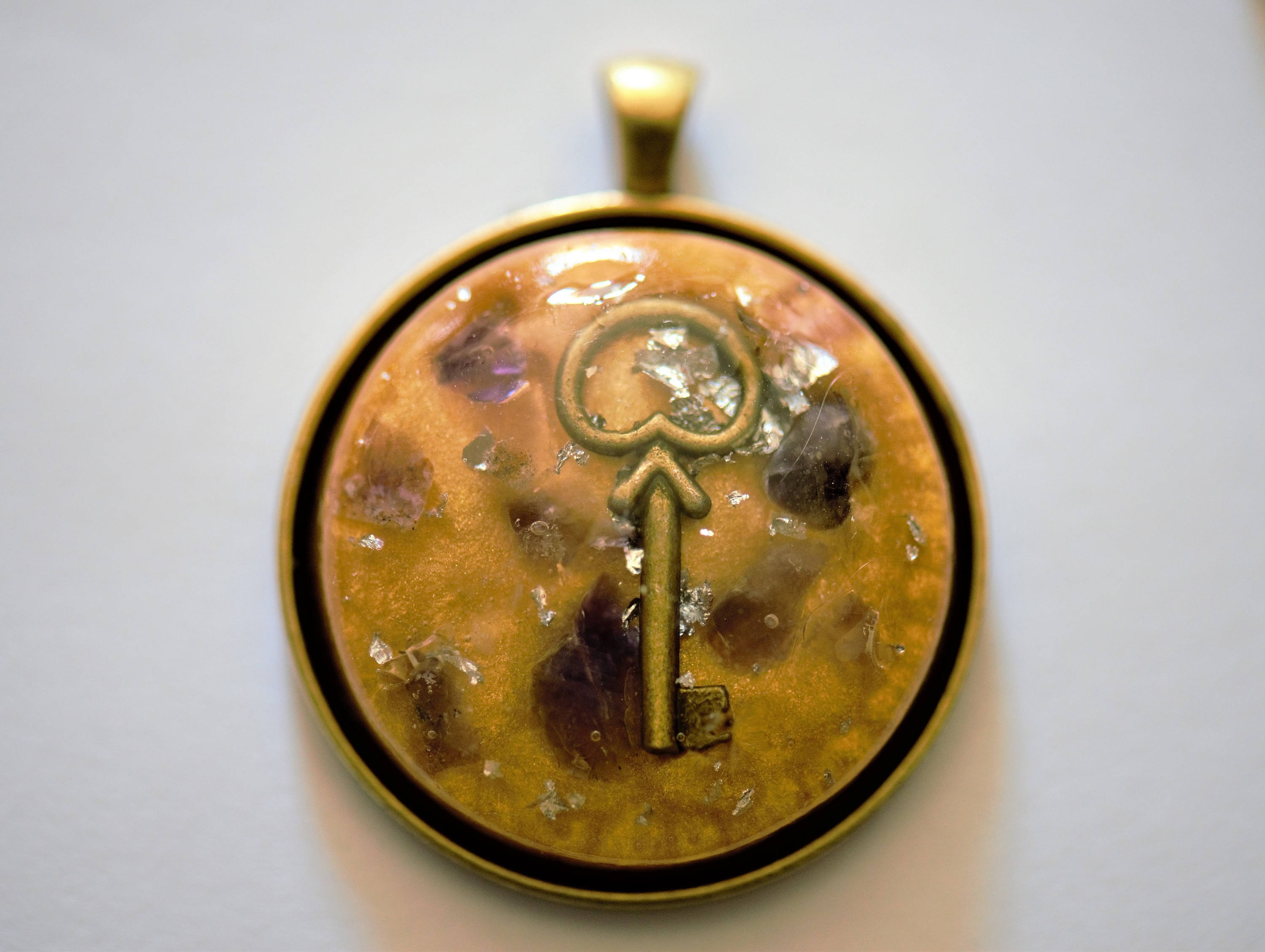 Orgone Pendant Generator Bronze Key Amethyst Silver Flakes