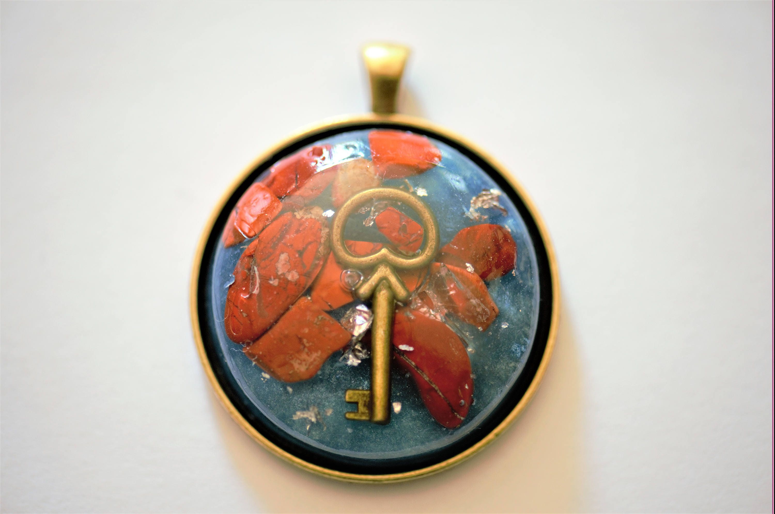 Orgone Pendant Generator Bronze Key Red Jasper Silver