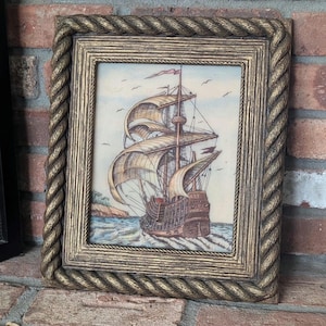 Vintage Artini Hand Engraved and Painted Ship Scene with Rope Border