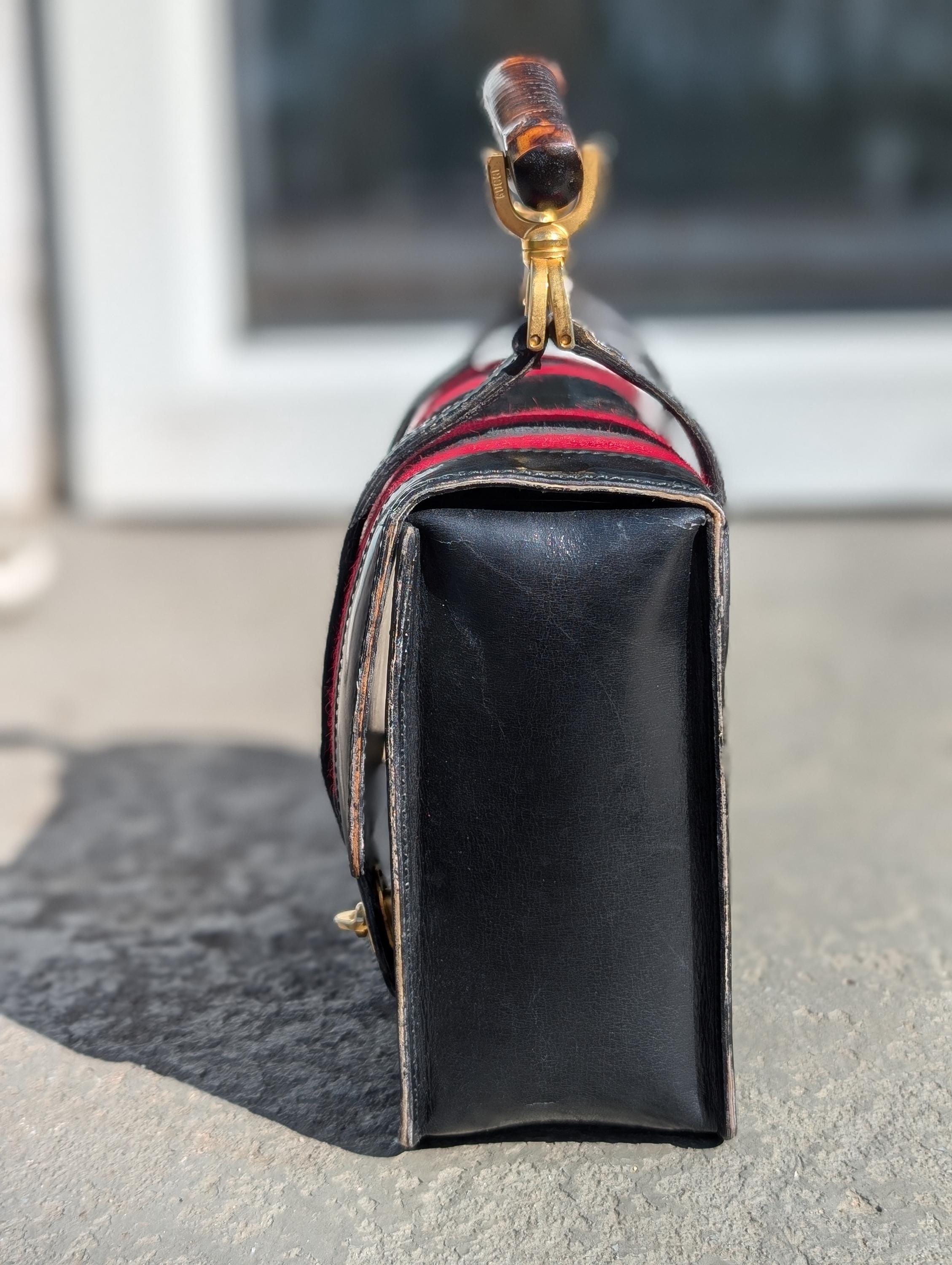 Rare Vintage 1960s Gucci Black Patent Leather Lunchbox Purse With