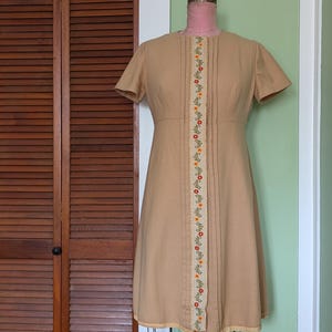 1960s Tan Wool Lanz Dress with Floral Embroidery Down the Front