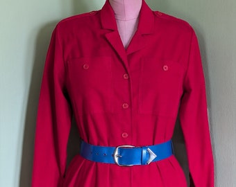 1980s Red Corduroy Long Sleeve Dress with Blue Belt