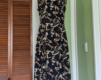 1990s Black White and Tan Floral Maxi Dress