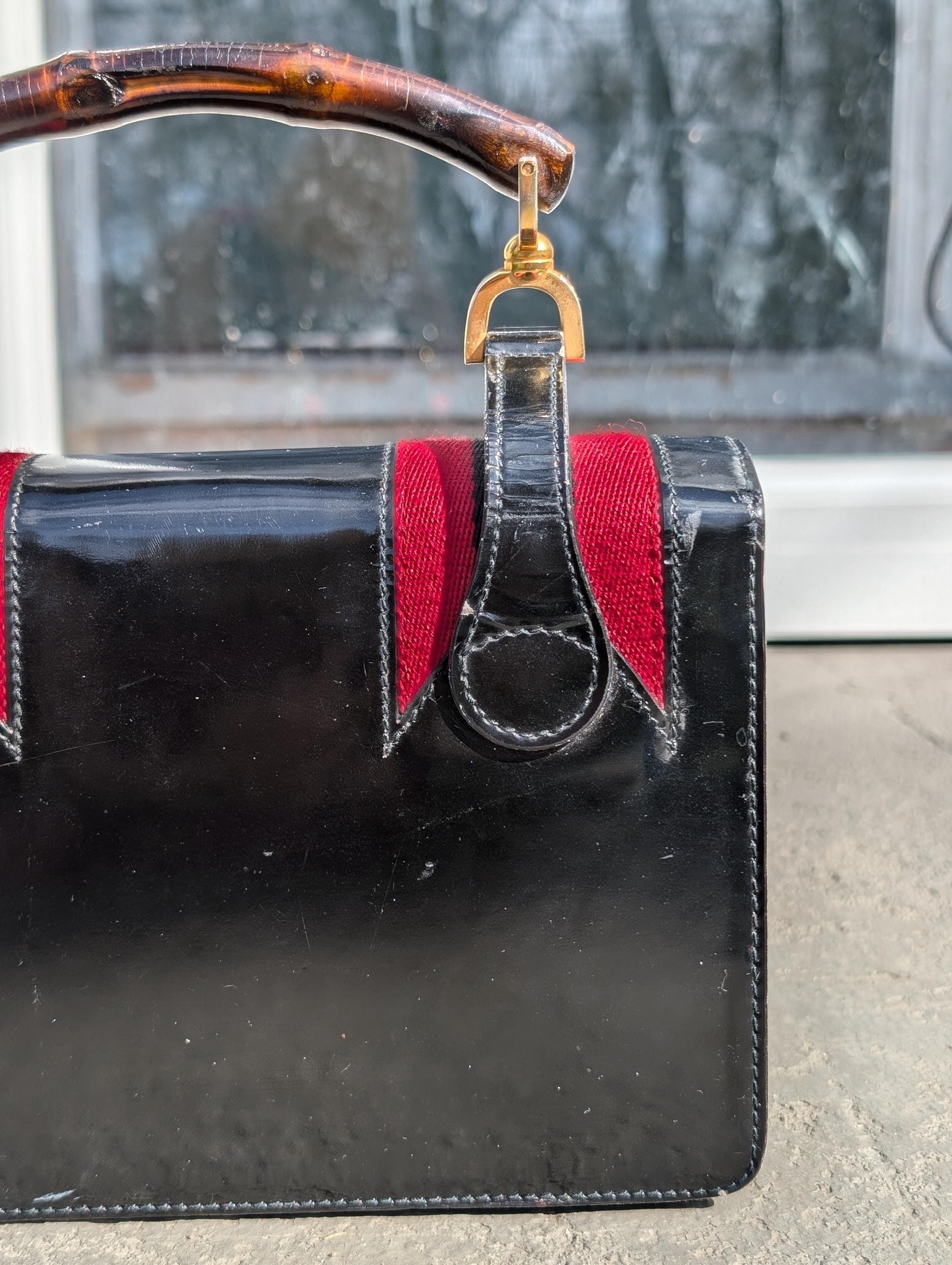 Rare Vintage 1960s Gucci Black Patent Leather Lunchbox Purse With