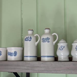 Vintage Pfaltzgraff Yorktowne Stoneware Set of 6 Including Pair of Oil & Vinegar Bottles Pair of Salt and Pepper Shakers and Ramekin Dishes
