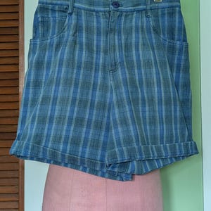 May include: Blue plaid shorts with a button closure and front pockets. The shorts are cuffed at the hem and are displayed on a pink dress form. The shorts are hanging on a wooden hanger.