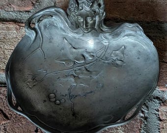 Art Nouveau Italian Pewter Etain Zinn Lady Tray by Achille Gamba