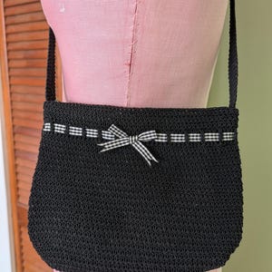 Y2K Black Knit Shoulder Bag with Black and White Gingham Bow