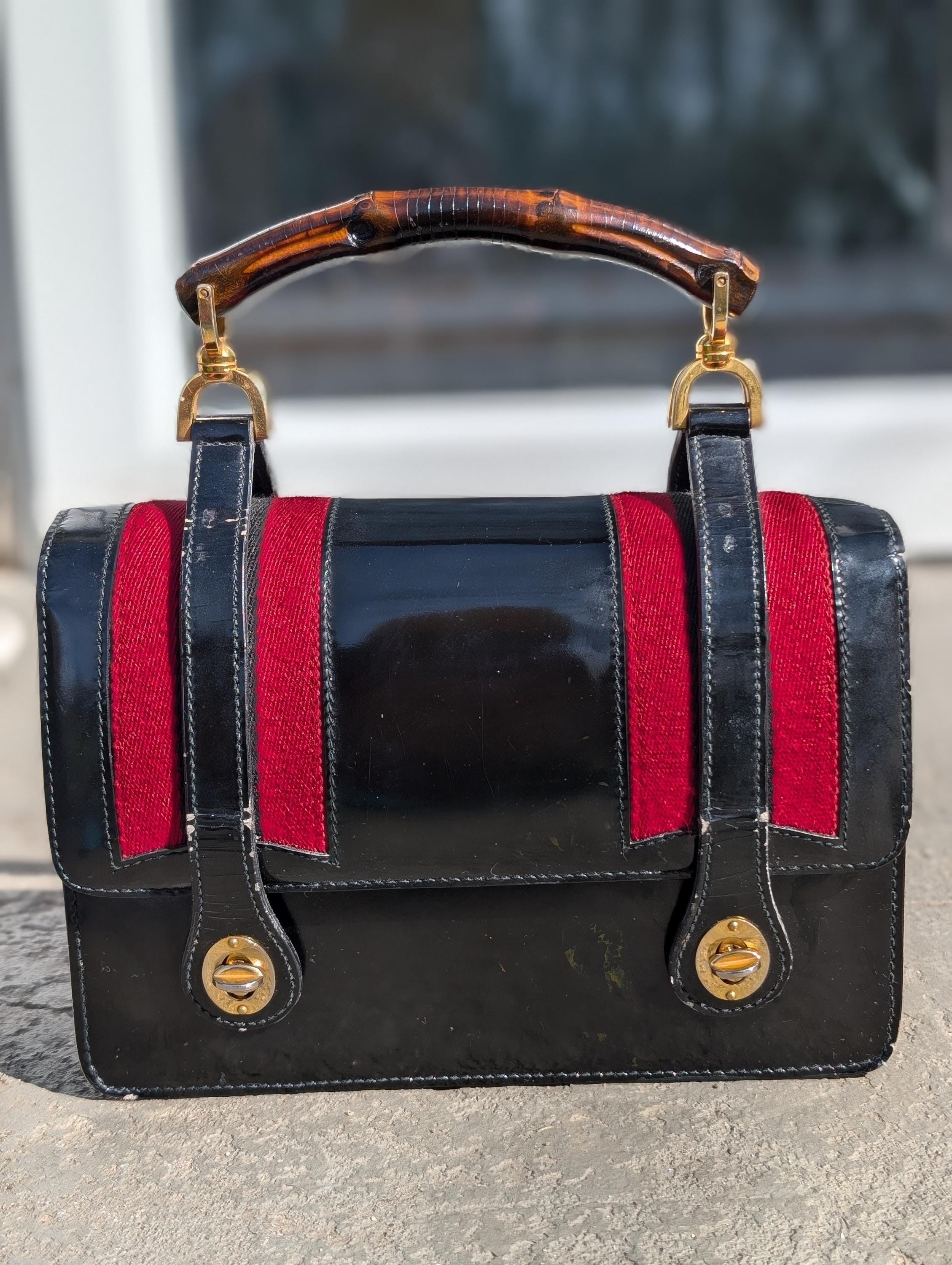 【レアアイテム】GUCCI ガーメントバッグ ヴィンテージ Rare Vintage 1960s Gucci Black Patent Leather Lunchbox Purse With