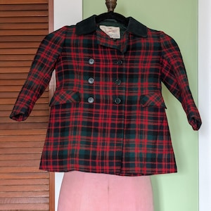 1960s Red & Green Wool Kid&#39;s Winter Coat Holiday Coat Christmas Outfit