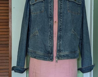 Vintage Y2K Denim Asymmetric Zip up Biker Style Jacket With Belt
