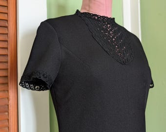 1970s Black Dress with Lace Detail and High Neck