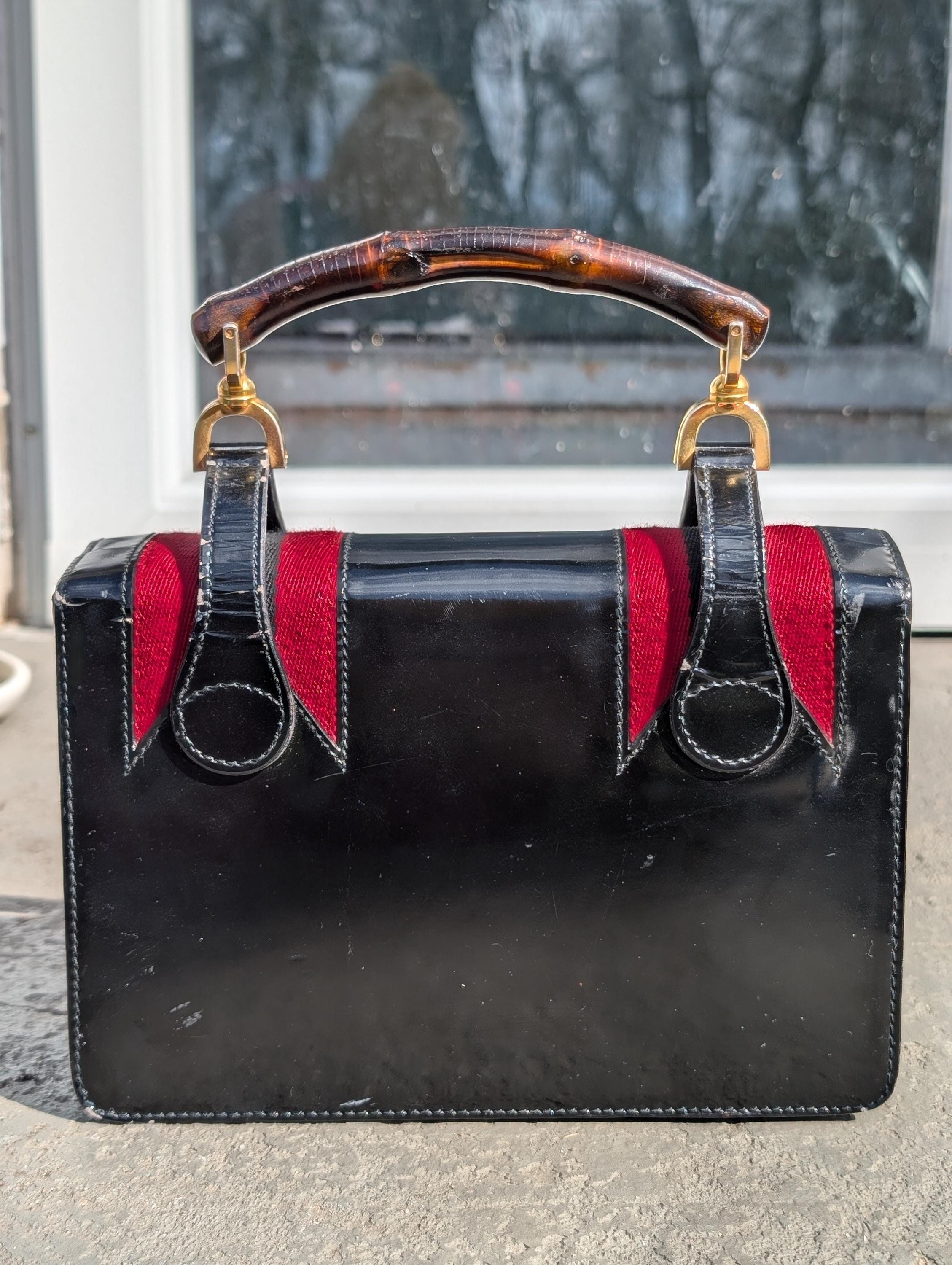 Rare Vintage 1960s Gucci Black Patent Leather Lunchbox Purse With