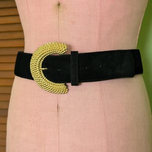 90s Black Suede Belt with Oversized Gold Tone Buckle