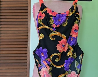 1990s Black Floral High Cut One Piece Swimsuit