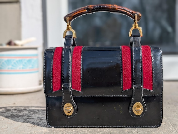 ✨超希少✨GUCCI グッチ ハンドバッグ ネイビー バケツ型 ヴィンテージ Rare Vintage 1960s Gucci Black Patent Leather Lunchbox Purse With