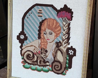 1970s Framed Needlepoint Woman with Siamese Cats
