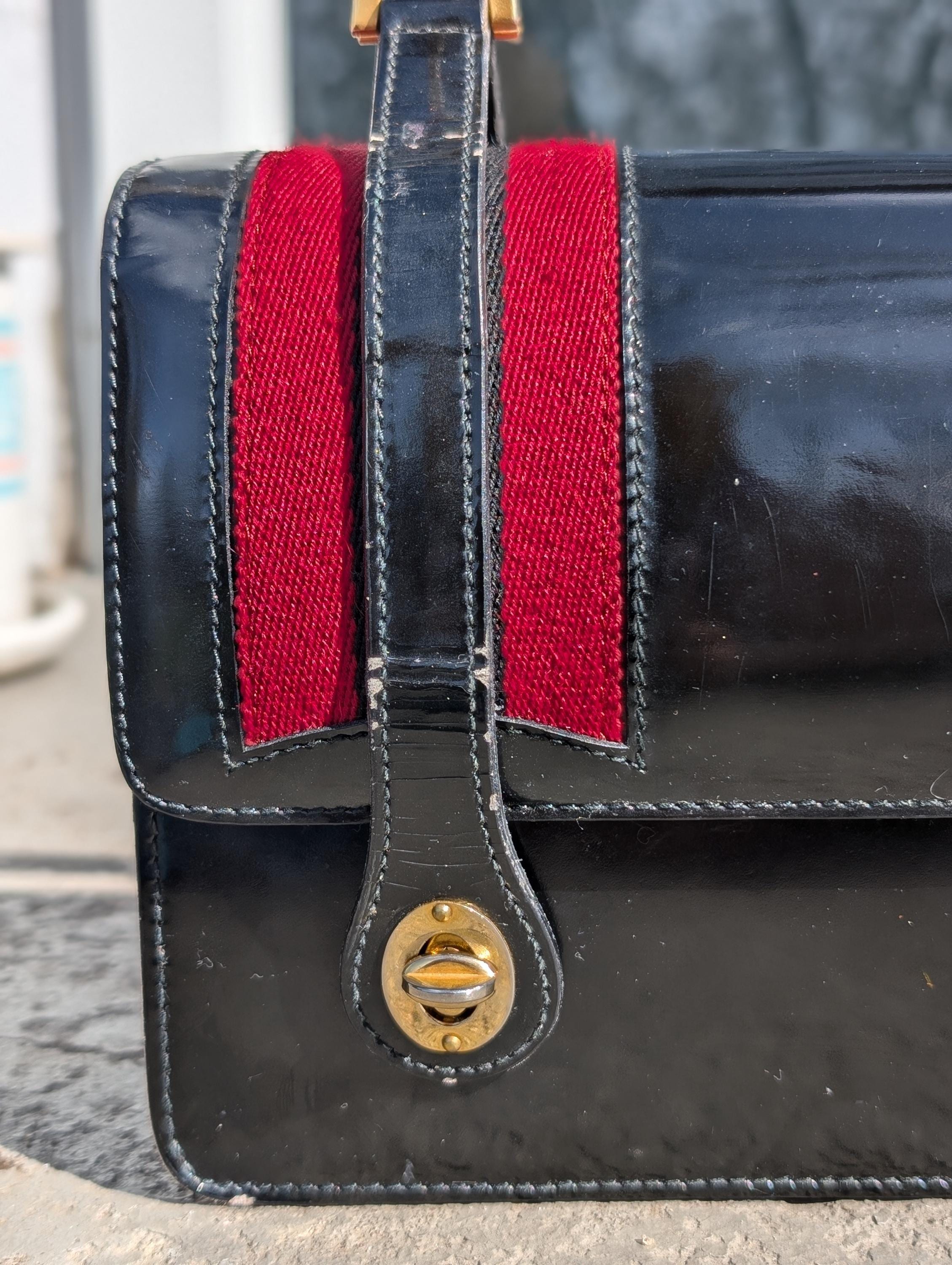 Rare Vintage 1960s Gucci Black Patent Leather Lunchbox Purse With