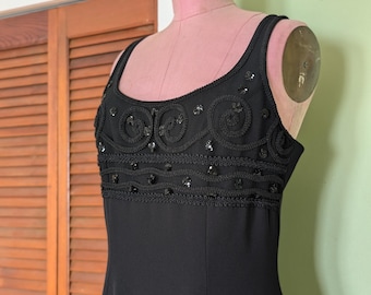 1990s Sleeveless Formal Black Dress with Beading Detail