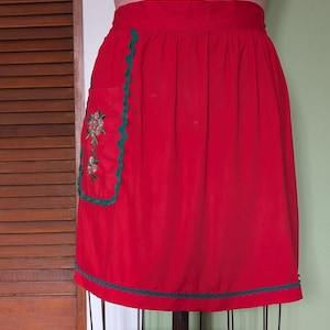 Red Holiday Half Apron with Silver and Green Floral Embroidery