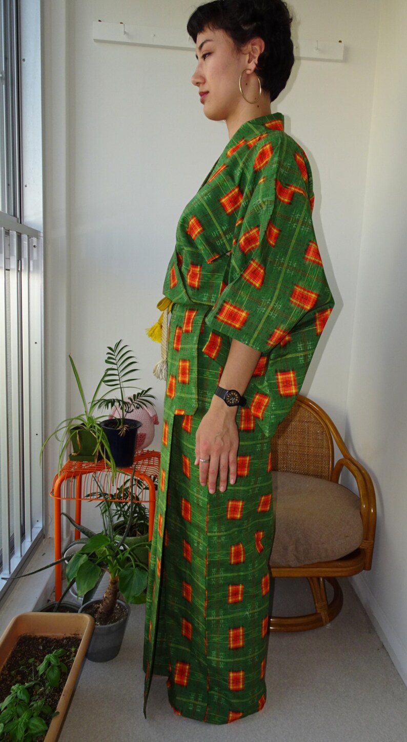 Vintage Japanese Green Yukata Cotton Orange Rectangle Woven Kimono Summer Japanese Clothes Unlined Yukata