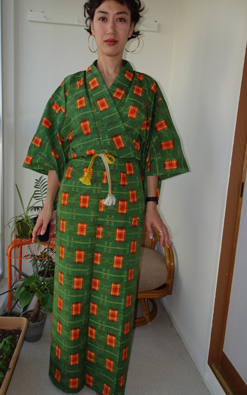 Vintage Japanese Green Yukata Cotton Orange Rectangle Woven Kimono Summer Japanese Clothes Unlined Yukata