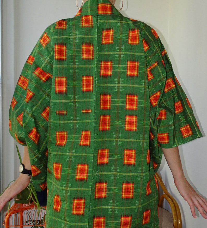 Vintage Japanese Green Yukata Cotton Orange Rectangle Woven Kimono Summer Japanese Clothes Unlined Yukata
