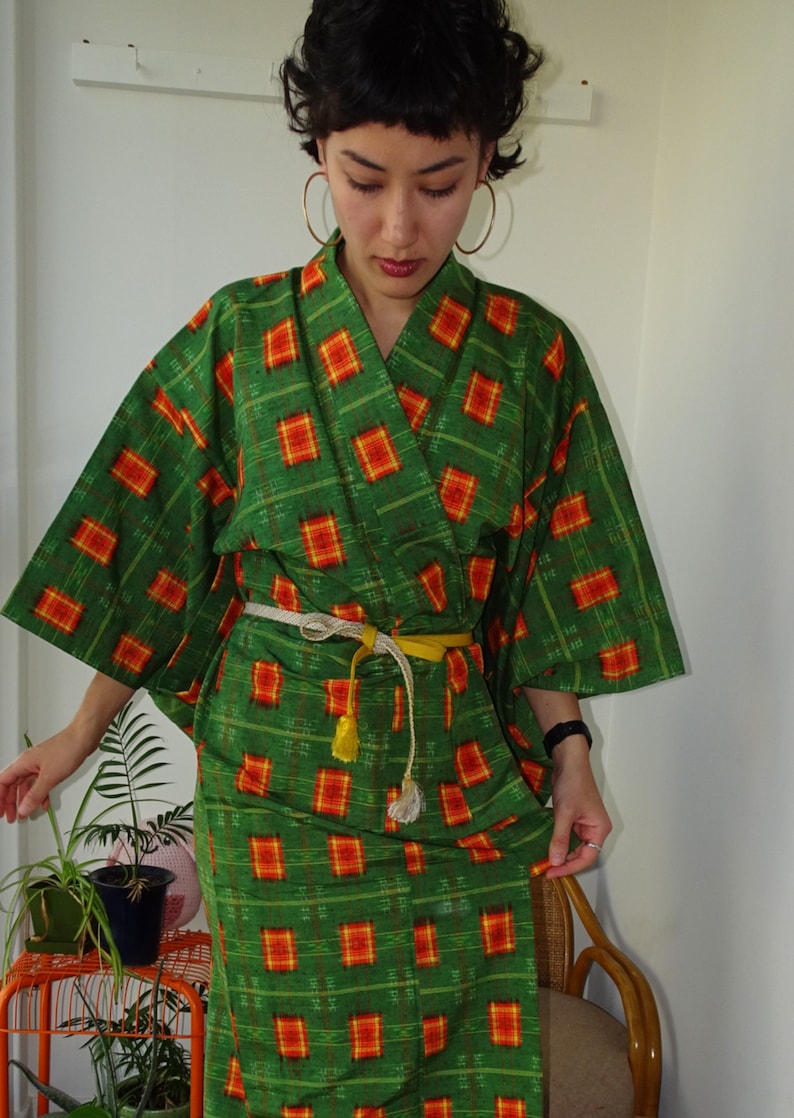 Vintage Japanese Green Yukata Cotton Orange Rectangle Woven Kimono Summer Japanese Clothes Unlined Yukata