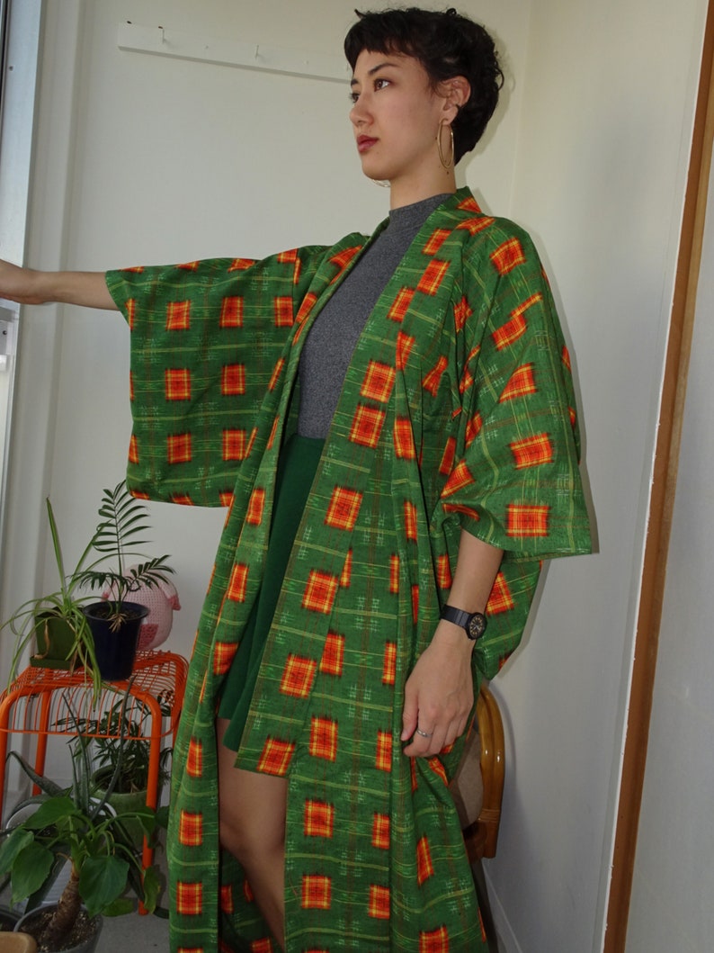 Vintage Japanese Green Yukata Cotton Orange Rectangle Woven Kimono Summer Japanese Clothes Unlined Yukata