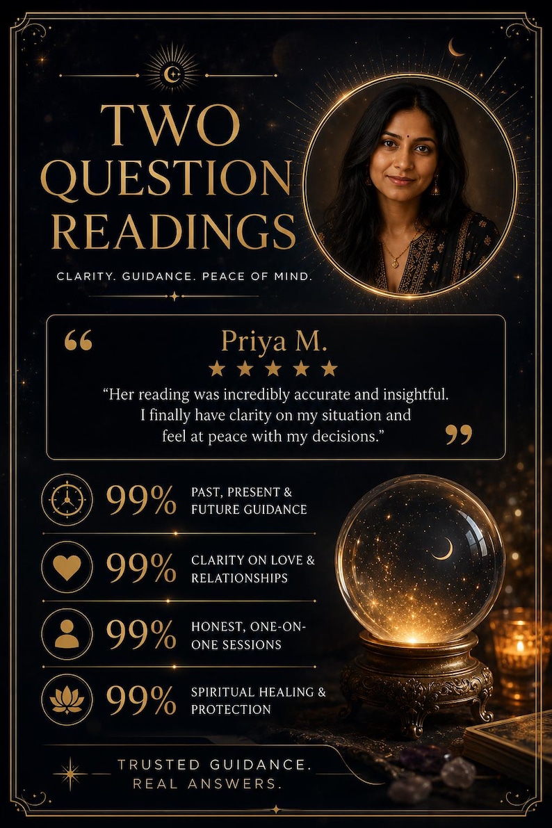 May include: A black informational graphic titled TWO QUESTION READINGS featuring a portrait of a person, a five-star review by Priya M., and four 99% service ratings including past, present, and future guidance, love, sessions, and spiritual healing.