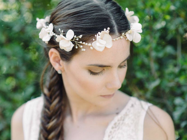Sale on bridal hairpiece Bridal Flower Headband Silk Flower Pearls Halo Headpiece Boho Bridal Headpiece Ivory Delicate Flower Headpiece