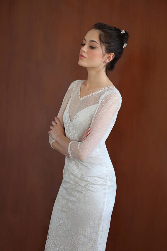 Vintage Wedding Dress With Sleeves Lace Pencil Wedding Dress Etsy