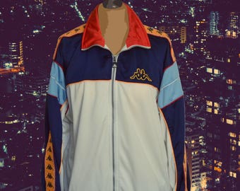 Kappa White/Blue/Red Authentic Vintage 80s/90s Unisex Tracksuit Full Zip Orange Light Blue Stripe Kappa Logo Long Sleeve, Large, Jacket