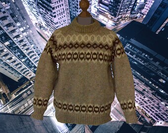 Icelandic Vintage Wool Knit Jumper, Winter Chunky Sweater 80s/90s Women's Clothing, Beige/Brown Pullover, Size S