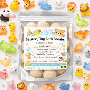 May include: A clear bag filled with beige bath bombs, labeled "Mystery Toy Bath Bombs - Sensitive Skin." The bag is surrounded by colorful plastic animal toys. The label lists ingredients like coconut milk powder and colloidal oatmeal.