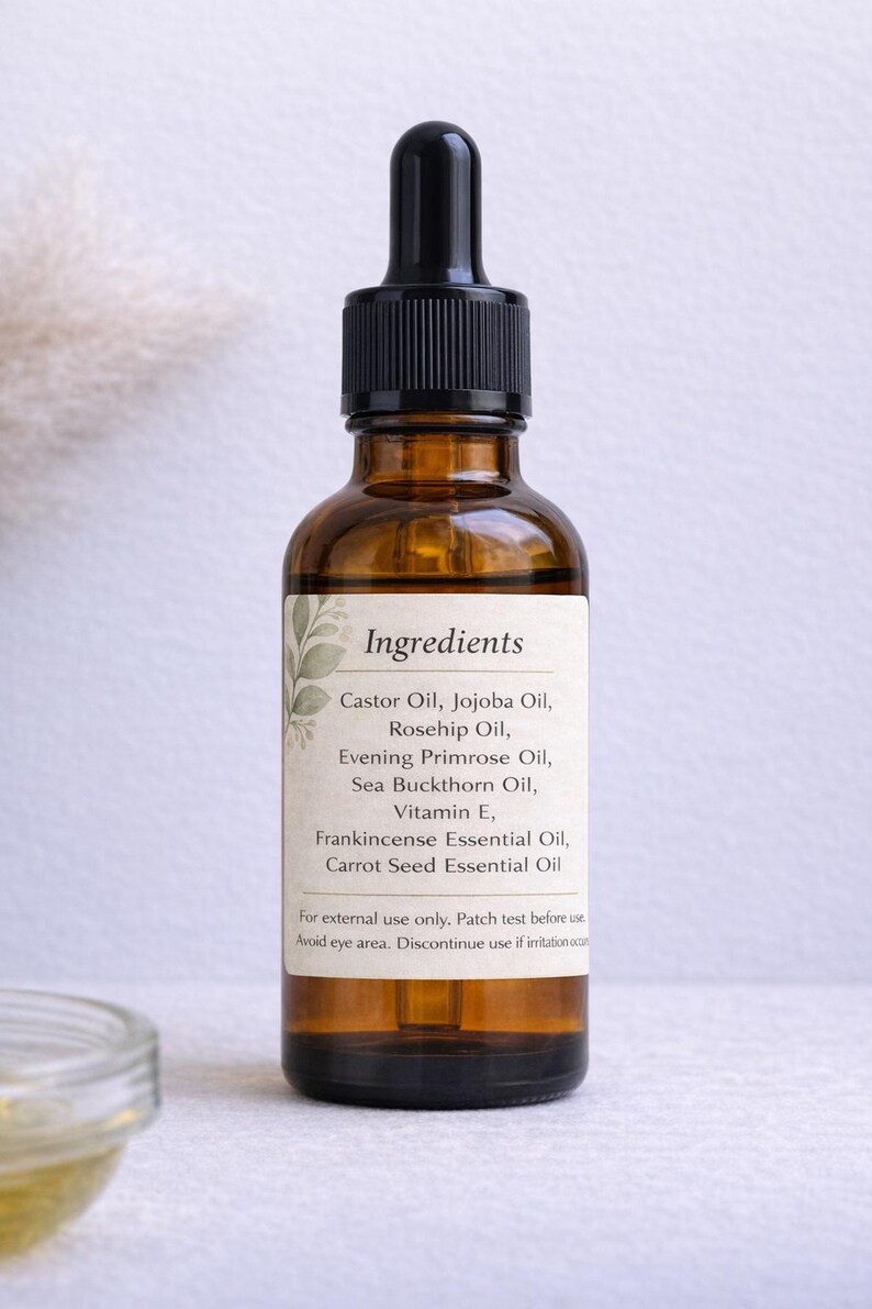 May include: A brown glass bottle with a black dropper top, containing a clear liquid. The label lists ingredients like Castor Oil, Jojoba Oil, and Vitamin E. The bottle is likely a skincare product.