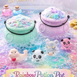 May include: A colorful Rainbow Potion Pot set with a mystery toy inside. The set includes two cauldron-shaped containers filled with rainbow-colored foam, small animal figurines, and gold coins. The text "Rainbow Potion Pot" is displayed on a banner.