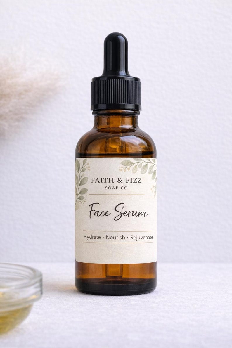 May include: A brown glass bottle of Face Serum with a black dropper. The label reads "Faith & Fizz Soap Co." and "Face Serum". The bottom of the label says "Hydrate. Nourish. Rejuvenate."