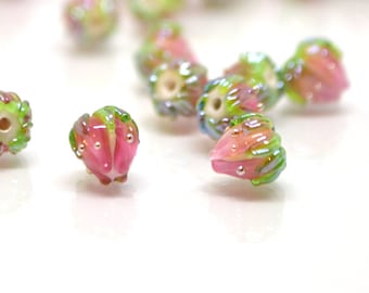 Light pink flower beads with green leaves, Tiny glass beads, through hole, 7mm flower beads, Artisan lampwork,