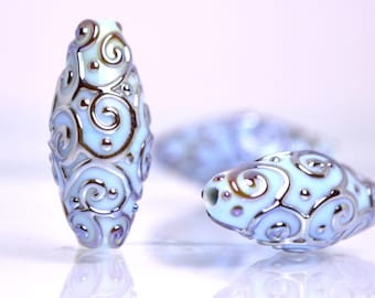 Sky Blue Lampwork Bead Set, Oval Swirl, Silver Mirror Texture